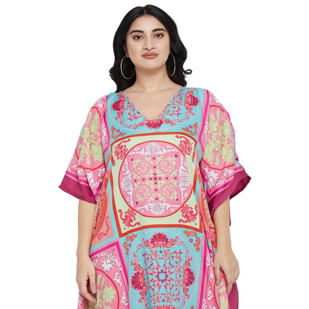 Plus Size Women Caftan Dress Pink Polyester Maxi Moo Moos Dresses for Party Wear - Picture 8 of 10